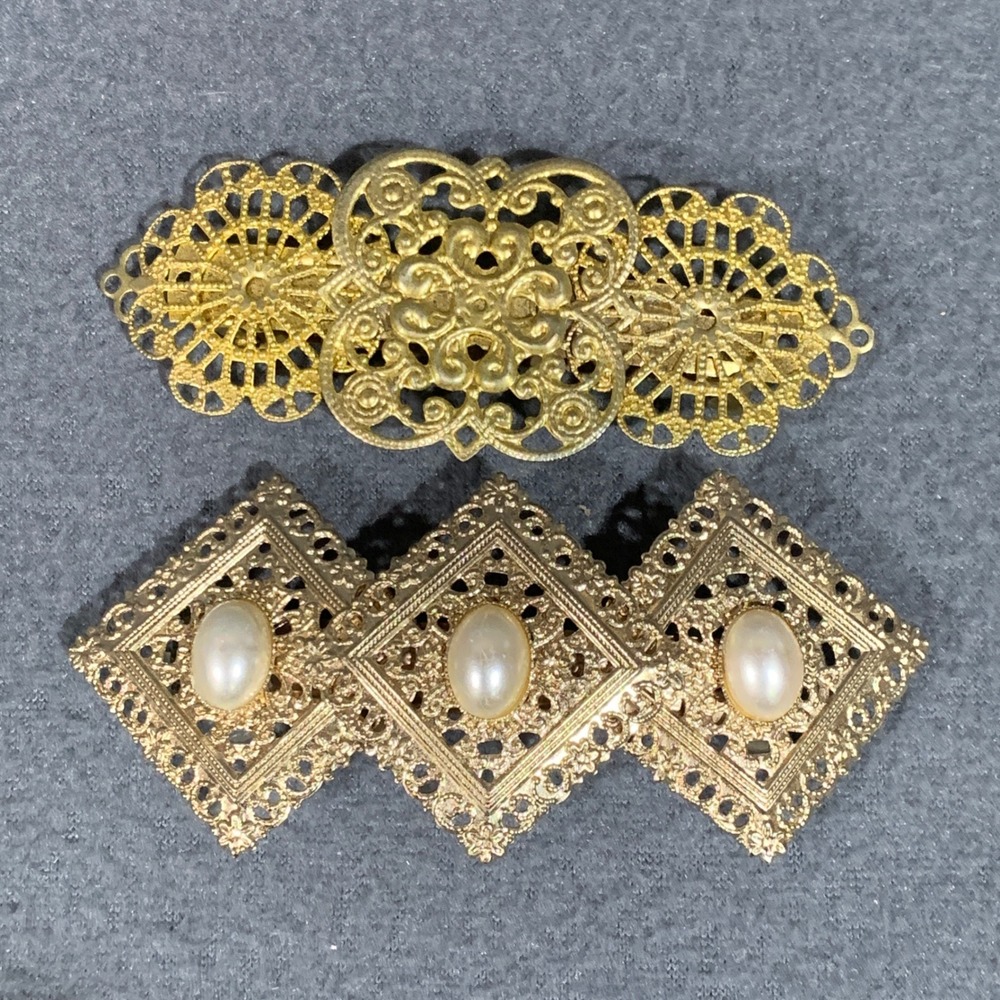 Vintage Gold Tone Hair Clip Barrettes Ornate Faux Pearl Accent‎ Set of 2 Preppy